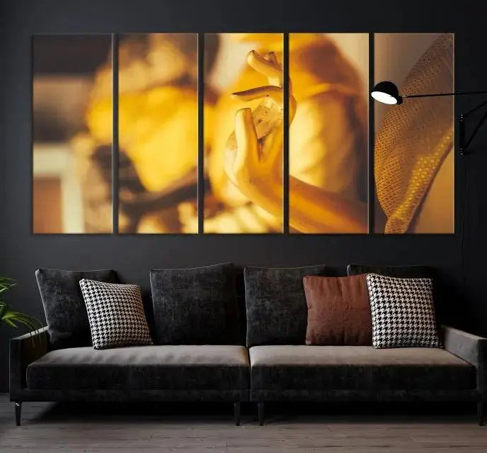 The wall is adorned with the Gold Buddha Statue Hands Wall Art Canvas Print triptych, creating a serene atmosphere ideal for meditation room decor.