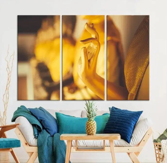 The wall is adorned with the Gold Buddha Statue Hands Wall Art Canvas Print triptych, creating a serene atmosphere ideal for meditation room decor.