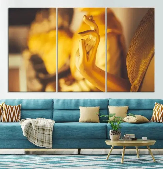 The wall is adorned with the Gold Buddha Statue Hands Wall Art Canvas Print triptych, creating a serene atmosphere ideal for meditation room decor.