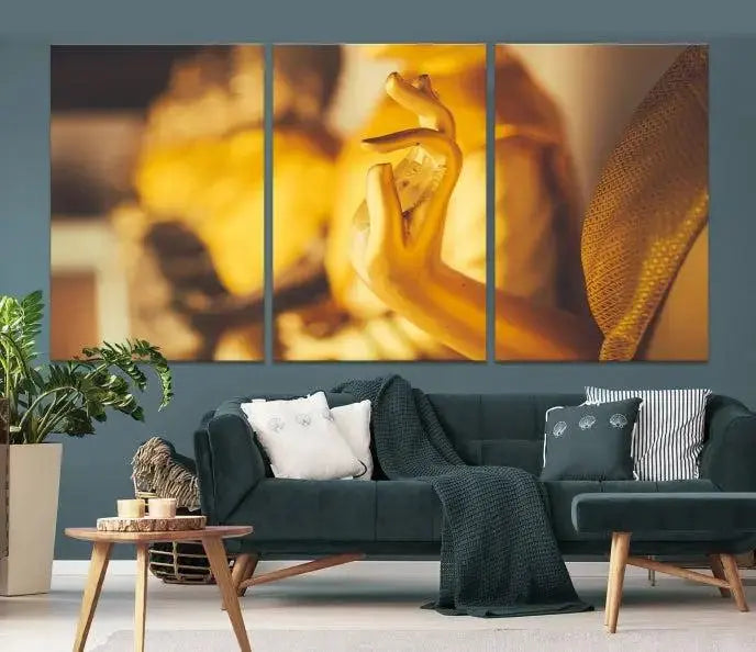 The wall is adorned with the Gold Buddha Statue Hands Wall Art Canvas Print triptych, creating a serene atmosphere ideal for meditation room decor.