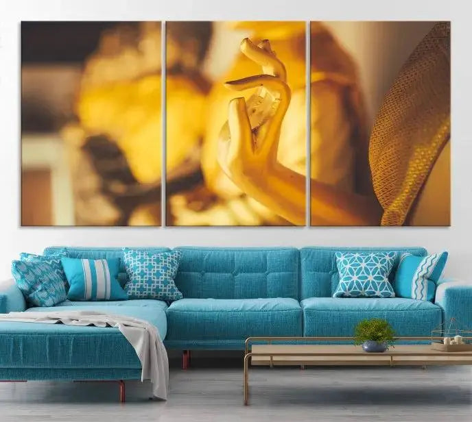 The wall is adorned with the Gold Buddha Statue Hands Wall Art Canvas Print triptych, creating a serene atmosphere ideal for meditation room decor.