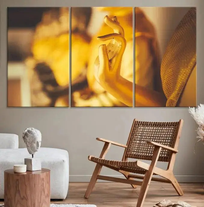 The wall is adorned with the Gold Buddha Statue Hands Wall Art Canvas Print triptych, creating a serene atmosphere ideal for meditation room decor.