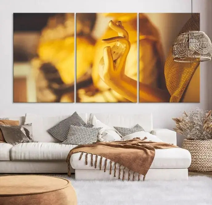 The wall is adorned with the Gold Buddha Statue Hands Wall Art Canvas Print triptych, creating a serene atmosphere ideal for meditation room decor.