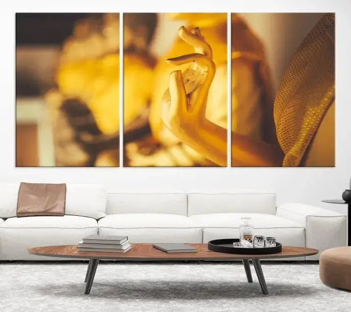 The wall is adorned with the Gold Buddha Statue Hands Wall Art Canvas Print triptych, creating a serene atmosphere ideal for meditation room decor.