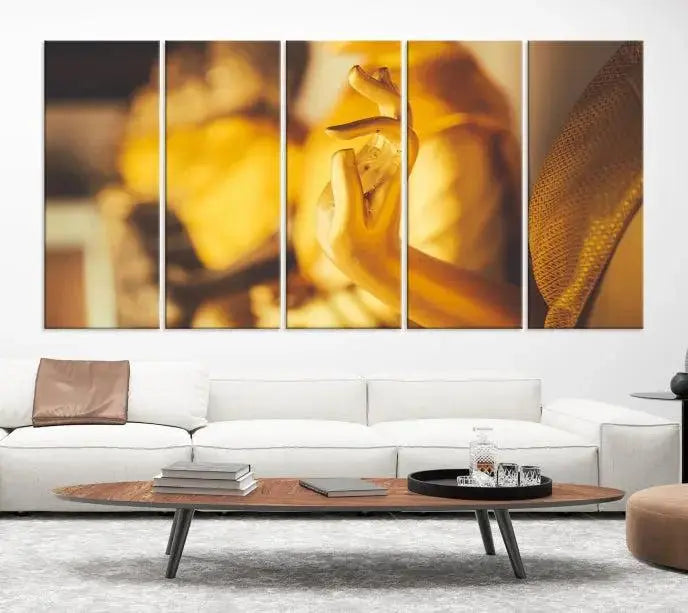 The wall is adorned with the Gold Buddha Statue Hands Wall Art Canvas Print triptych, creating a serene atmosphere ideal for meditation room decor.