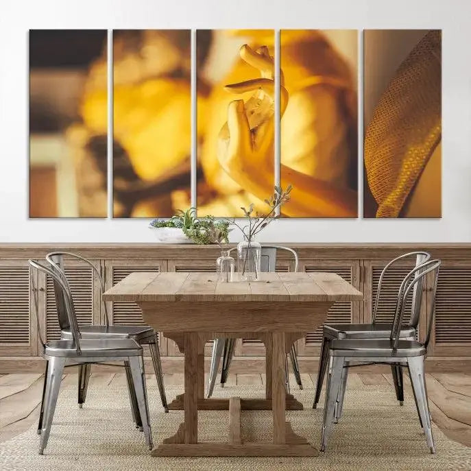 The wall is adorned with the Gold Buddha Statue Hands Wall Art Canvas Print triptych, creating a serene atmosphere ideal for meditation room decor.