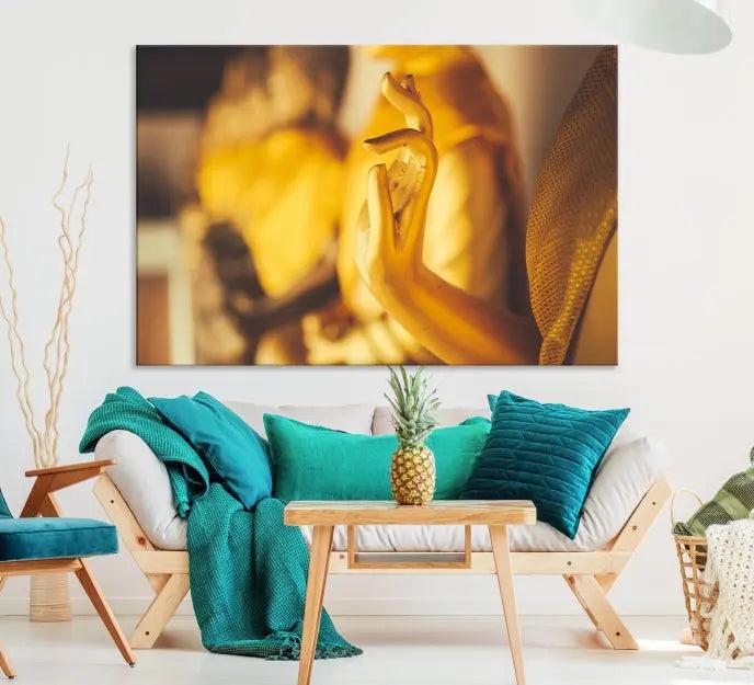 The wall is adorned with the Gold Buddha Statue Hands Wall Art Canvas Print triptych, creating a serene atmosphere ideal for meditation room decor.