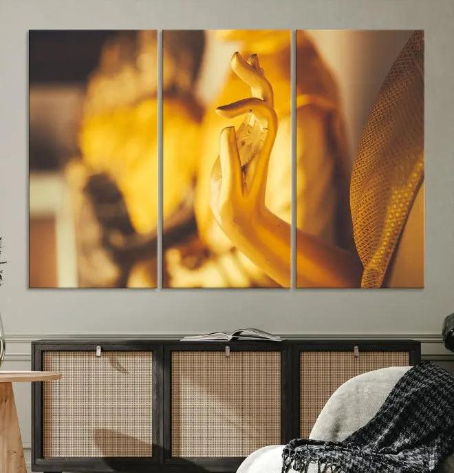 The wall is adorned with the Gold Buddha Statue Hands Wall Art Canvas Print triptych, creating a serene atmosphere ideal for meditation room decor.