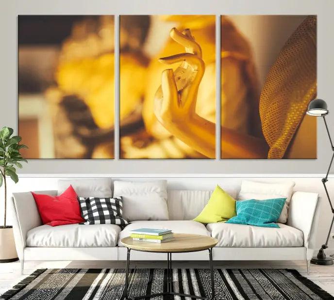 The wall is adorned with the Gold Buddha Statue Hands Wall Art Canvas Print triptych, creating a serene atmosphere ideal for meditation room decor.