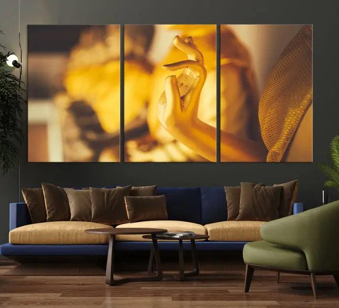 The wall is adorned with the Gold Buddha Statue Hands Wall Art Canvas Print triptych, creating a serene atmosphere ideal for meditation room decor.