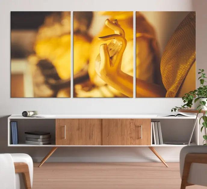 The wall is adorned with the Gold Buddha Statue Hands Wall Art Canvas Print triptych, creating a serene atmosphere ideal for meditation room decor.