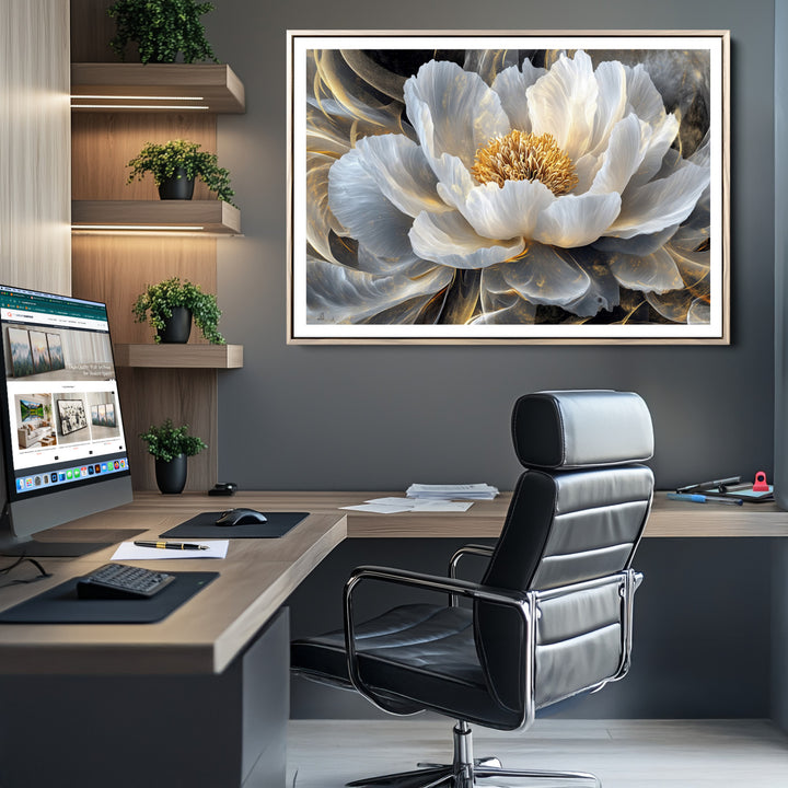 84689-MGC-FP-36x24_Natural-Gold Floral Wall Art Canvas Print, Framed Modern Flower Art Print, Golden Abstract Perfect for Vintage Decor
