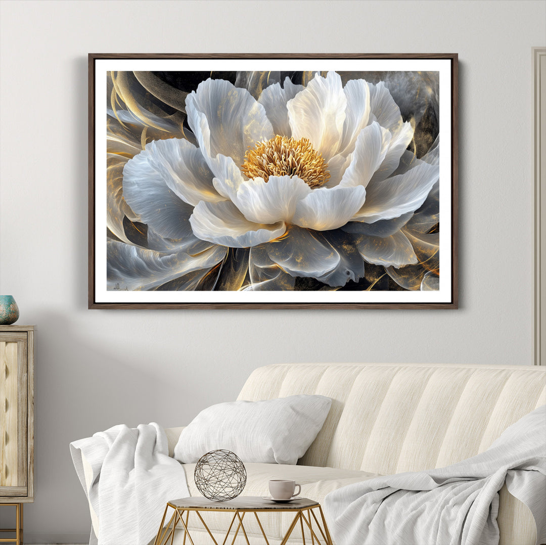 Gold Floral Wall Art Canvas Print, Framed Modern Flower Art Print, Golden Abstract Perfect for Vintage Decor