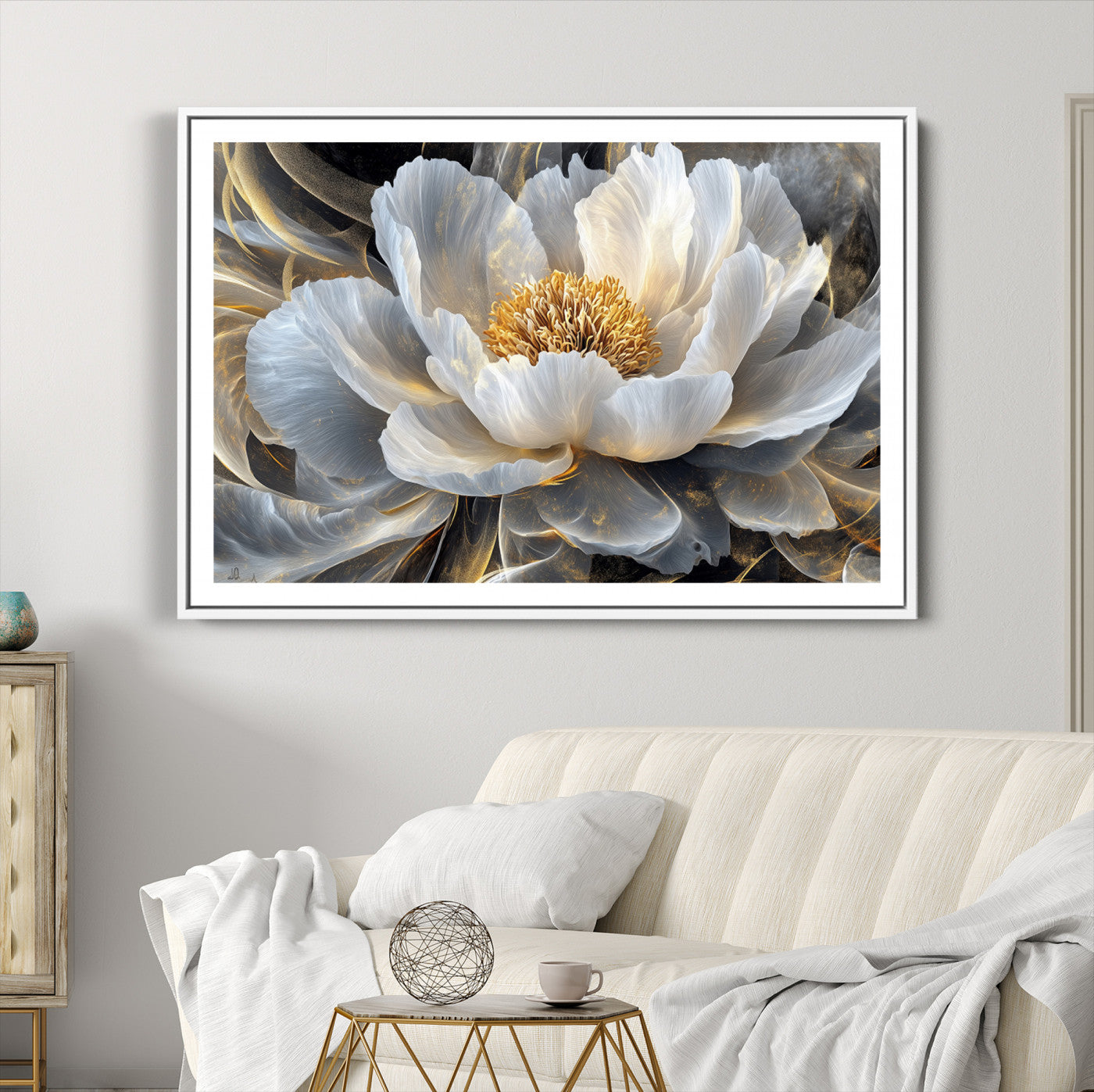 84689-MGC-FP-36x24_White-Gold Floral Wall Art Canvas Print, Framed Modern Flower Art Print, Golden Abstract Perfect for Vintage Decor