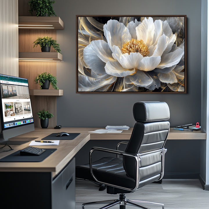 Gold Floral Wall Art Canvas Print, Framed Modern Flower Art Print, Golden Abstract Perfect for Vintage Decor