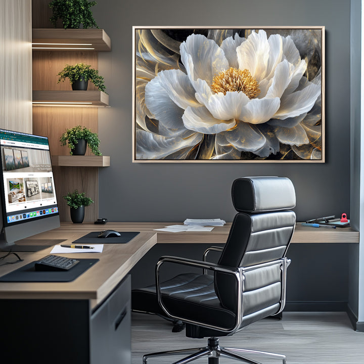 Gold Floral Wall Art Canvas Print, Framed Modern Flower Art Print, Golden Abstract Perfect for Vintage Decor