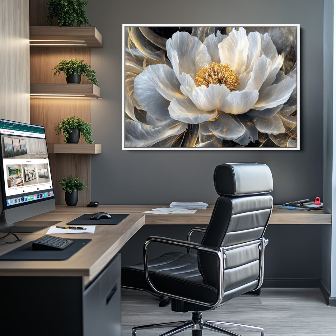Gold Floral Wall Art Canvas Print, Framed Modern Flower Art Print, Golden Abstract Perfect for Vintage Decor
