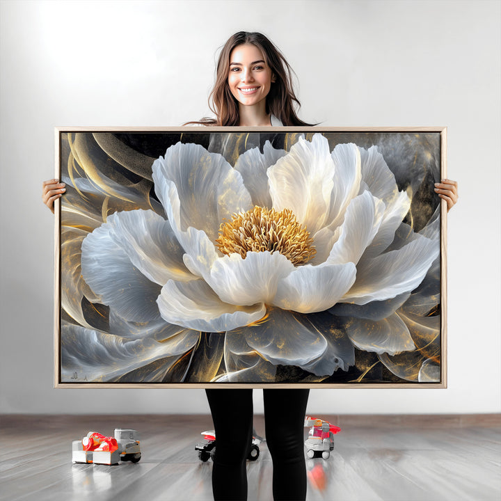 Gold Floral Wall Art Canvas Print, Framed Modern Flower Art Print, Golden Abstract Perfect for Vintage Decor