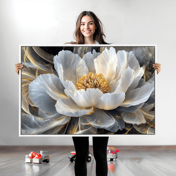 Gold Floral Wall Art Canvas Print, Framed Modern Flower Art Print, Golden Abstract Perfect for Vintage Decor