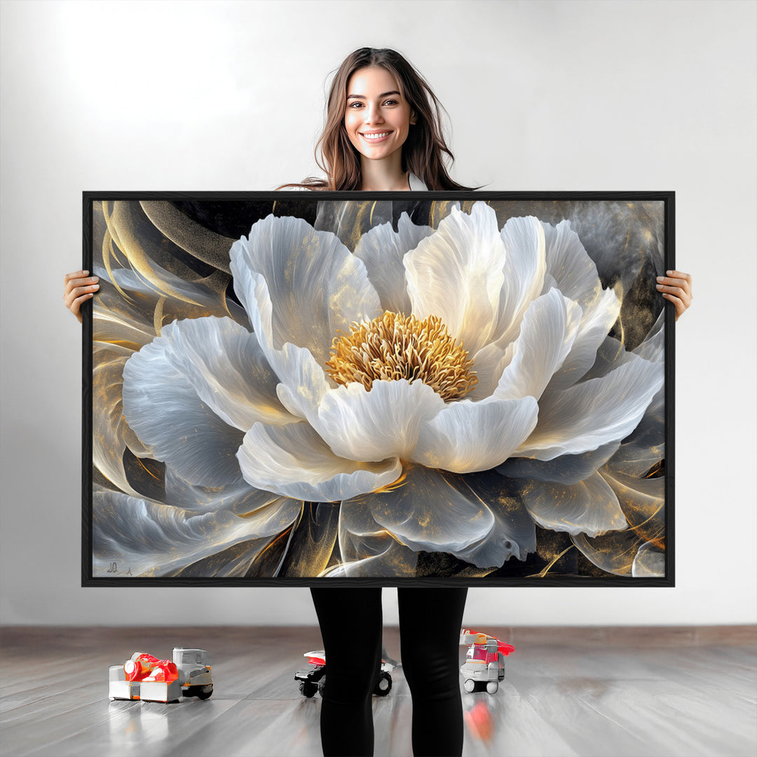 Gold Floral Wall Art Canvas Print, Framed Modern Flower Art Print, Golden Abstract Perfect for Vintage Decor
