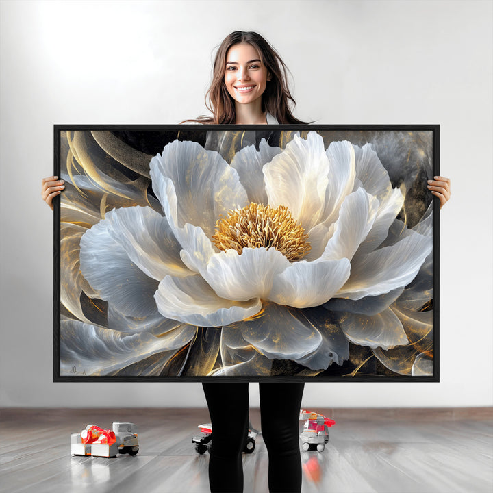 Gold Floral Wall Art Canvas Print, Framed Modern Flower Art Print, Golden Abstract Perfect for Vintage Decor