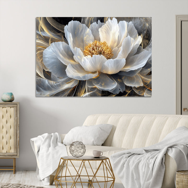 Gold Floral Wall Art Canvas Print, Framed Modern Flower Art Print, Golden Abstract Perfect for Vintage Decor