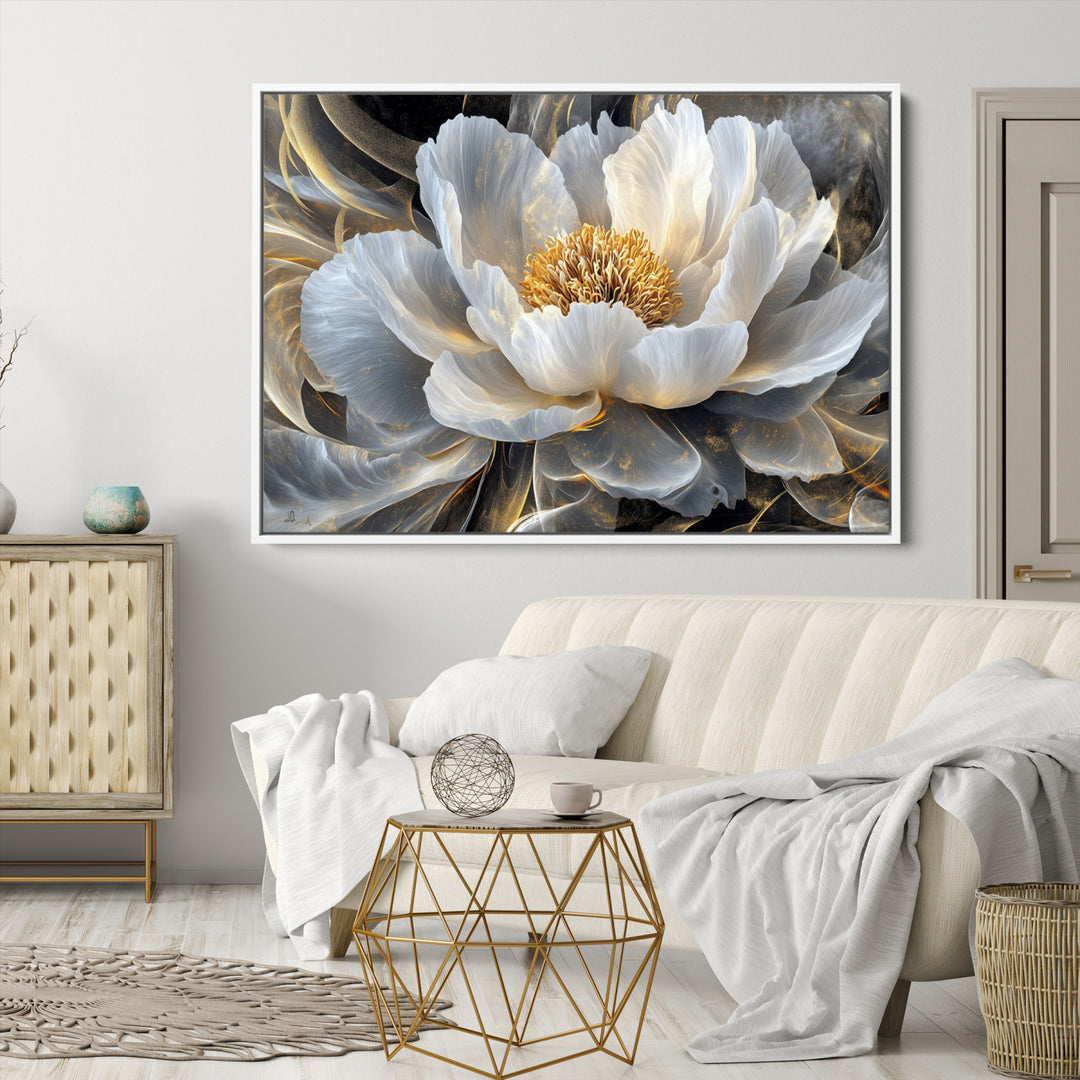 Gold Floral Wall Art Canvas Print, Framed Modern Flower Art Print, Golden Abstract Perfect for Vintage Decor