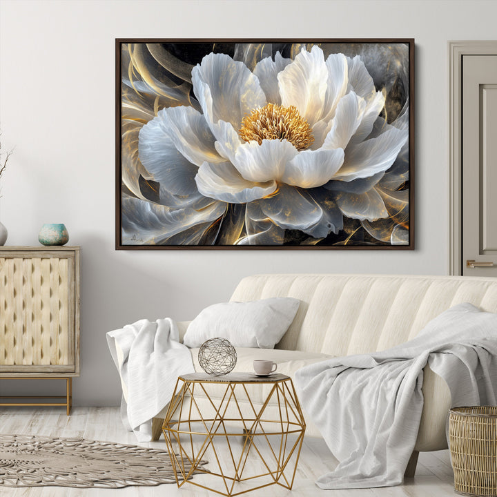 Gold Floral Wall Art Canvas Print, Framed Modern Flower Art Print, Golden Abstract Perfect for Vintage Decor