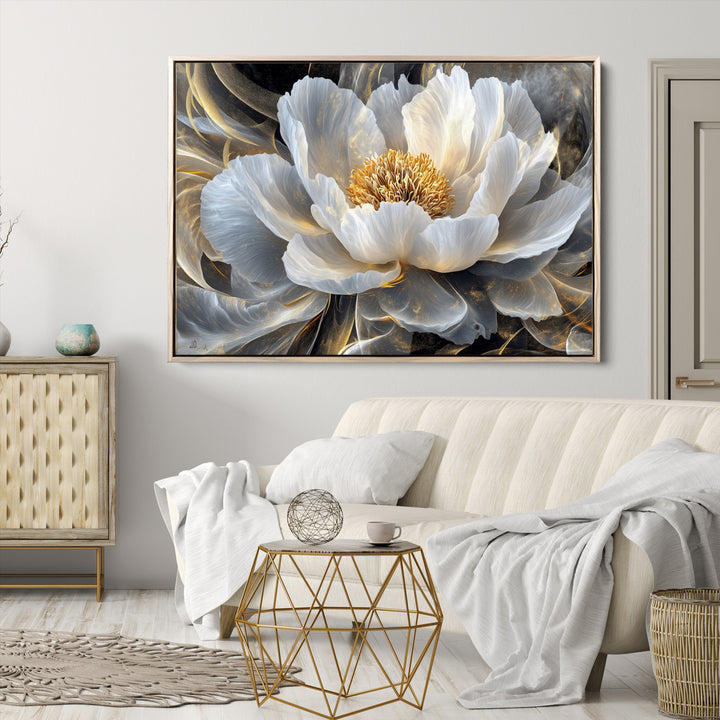 Gold Floral Wall Art Canvas Print, Framed Modern Flower Art Print, Golden Abstract Perfect for Vintage Decor