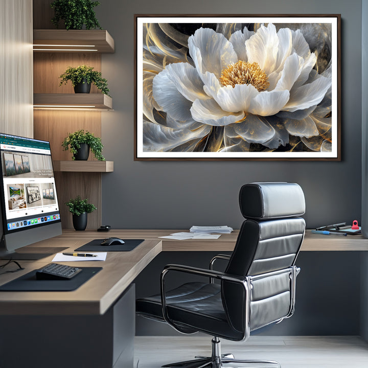 Gold Floral Wall Art Canvas Print, Framed Modern Flower Art Print, Golden Abstract Perfect for Vintage Decor
