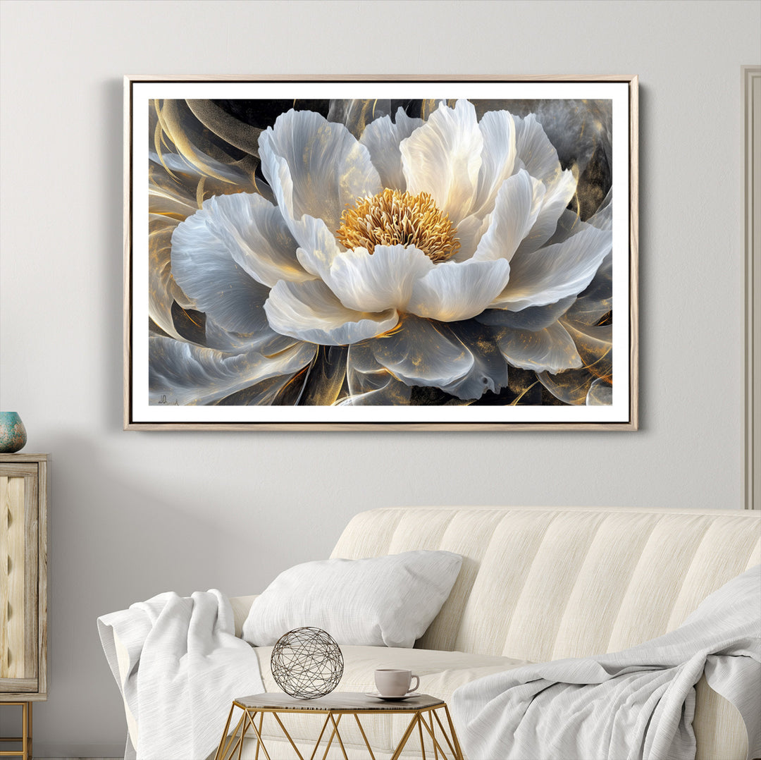84689-MGV-CV-36X24-Gold Floral Wall Art Canvas Print, Framed Modern Flower Art Print, Golden Abstract Perfect for Vintage Decor