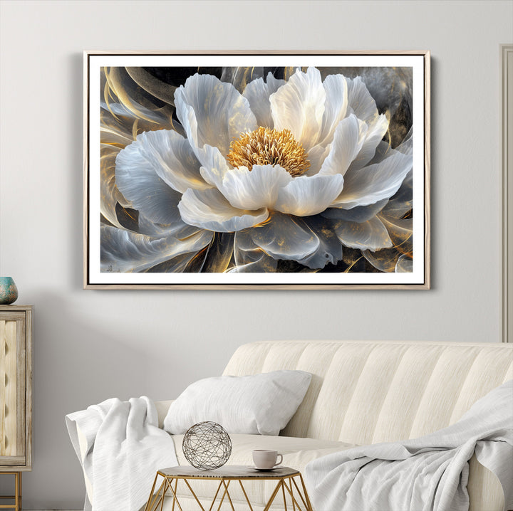 84689-MGV-CV-36X24-Gold Floral Wall Art Canvas Print, Framed Modern Flower Art Print, Golden Abstract Perfect for Vintage Decor