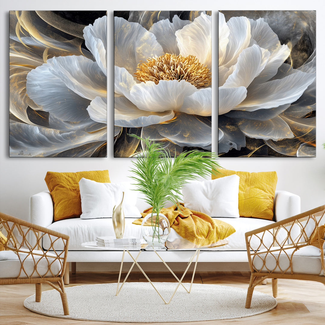 84689-MGV-CV-36X24-Gold Floral Wall Art Canvas Print, Framed Modern Flower Art Print, Golden Abstract Perfect for Vintage Decor
