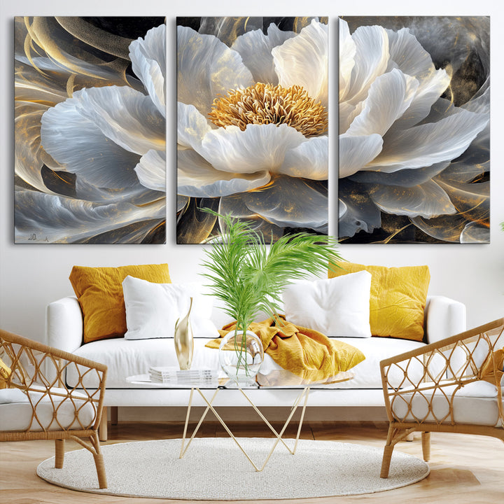 84689-MGV-CV-36X24-Gold Floral Wall Art Canvas Print, Framed Modern Flower Art Print, Golden Abstract Perfect for Vintage Decor
