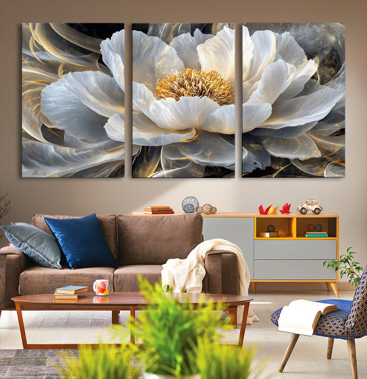84689-MGV-CV-36X24-Gold Floral Wall Art Canvas Print, Framed Modern Flower Art Print, Golden Abstract Perfect for Vintage Decor