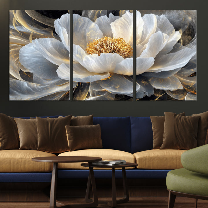 84689-MGV-CV-36X24-Gold Floral Wall Art Canvas Print, Framed Modern Flower Art Print, Golden Abstract Perfect for Vintage Decor