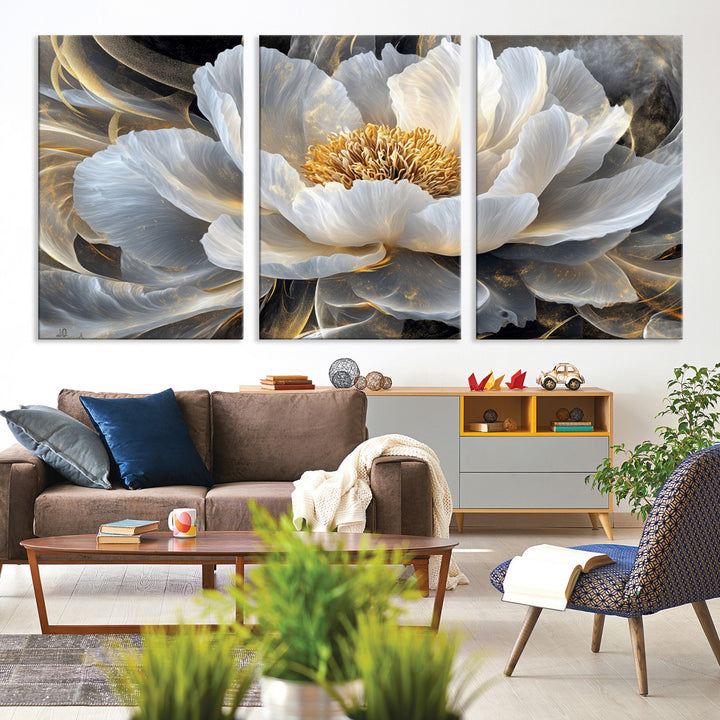84689-MGV-CV-36X24-Gold Floral Wall Art Canvas Print, Framed Modern Flower Art Print, Golden Abstract Perfect for Vintage Decor