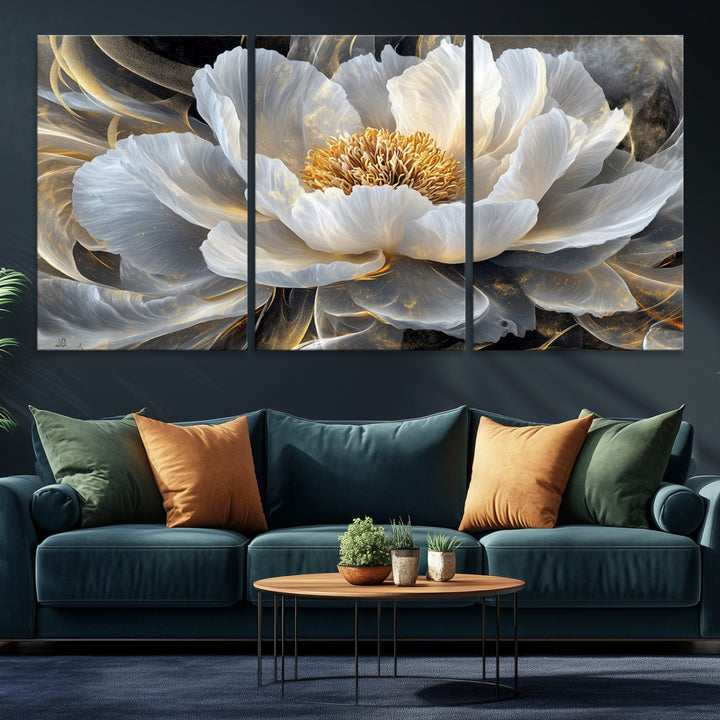 84689-MGV-CV-36X24-Gold Floral Wall Art Canvas Print, Framed Modern Flower Art Print, Golden Abstract Perfect for Vintage Decor