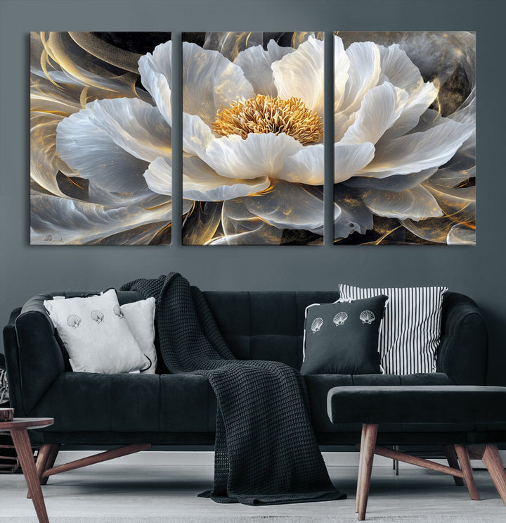 84689-MGV-CV-36X24-Gold Floral Wall Art Canvas Print, Framed Modern Flower Art Print, Golden Abstract Perfect for Vintage Decor