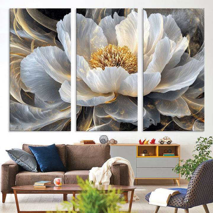 84689-MGV-CV-36X24-Gold Floral Wall Art Canvas Print, Framed Modern Flower Art Print, Golden Abstract Perfect for Vintage Decor