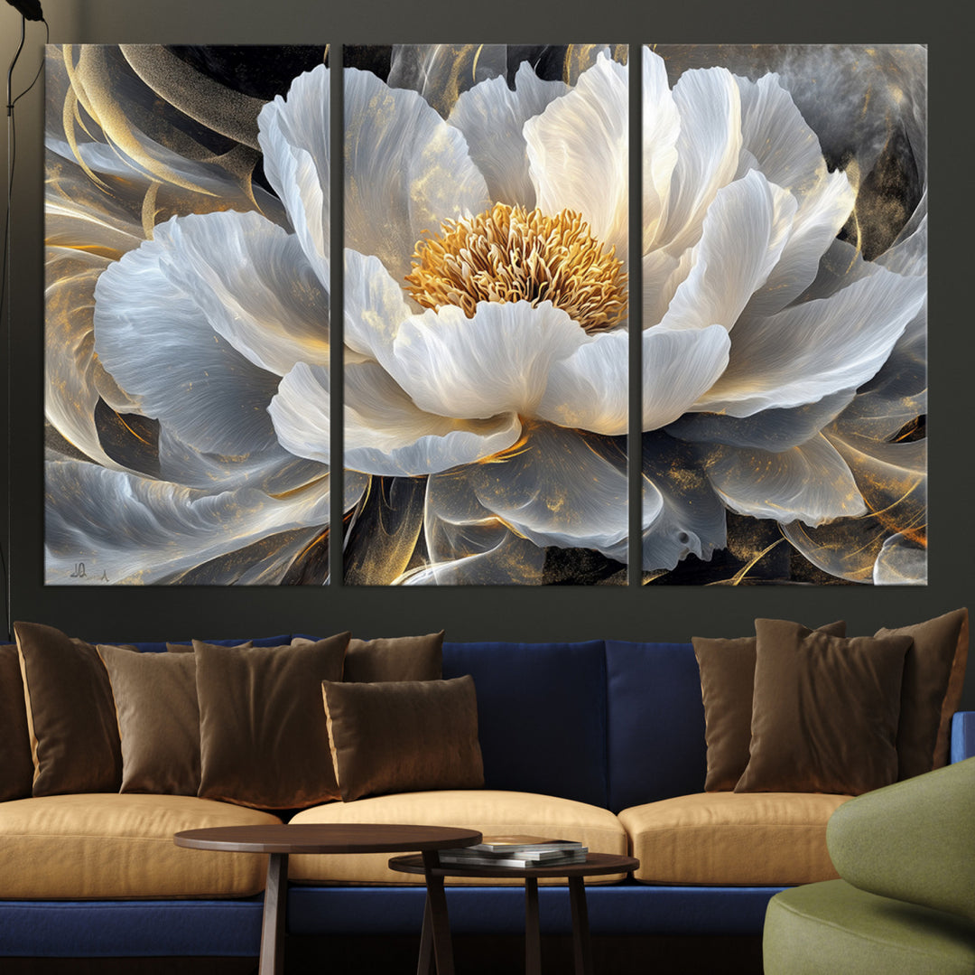 84689-MGV-CV-36X24-Gold Floral Wall Art Canvas Print, Framed Modern Flower Art Print, Golden Abstract Perfect for Vintage Decor