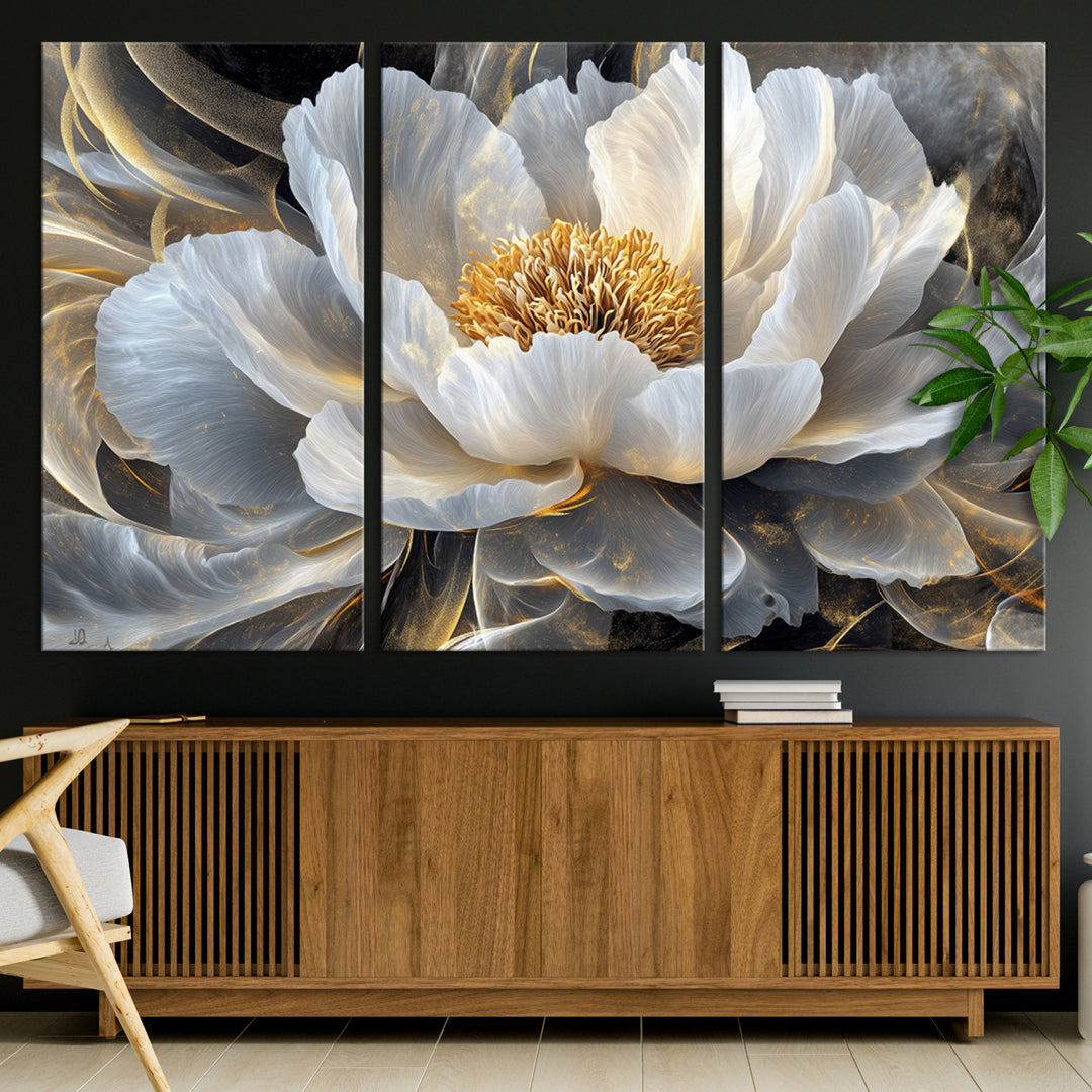84689-MGV-CV-36X24-Gold Floral Wall Art Canvas Print, Framed Modern Flower Art Print, Golden Abstract Perfect for Vintage Decor