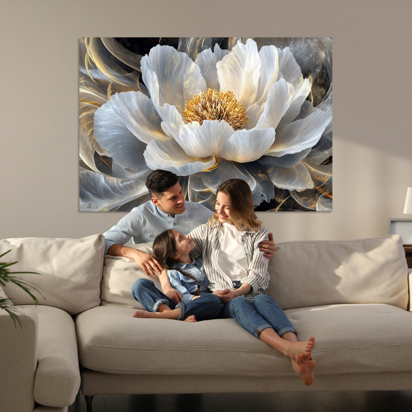 84689-MGV-CV-36X24-Gold Floral Wall Art Canvas Print, Framed Modern Flower Art Print, Golden Abstract Perfect for Vintage Decor