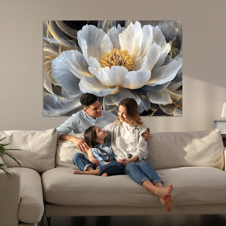 Gold Floral Wall Art Canvas Print, Framed Modern Flower Art Print, Golden Abstract Perfect for Vintage Decor