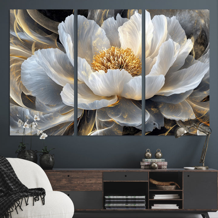 84689-MGV-CV-36X24-Gold Floral Wall Art Canvas Print, Framed Modern Flower Art Print, Golden Abstract Perfect for Vintage Decor