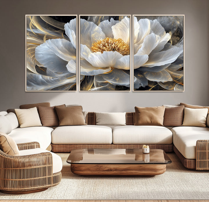 84689-MGV-CV-36X24-Gold Floral Wall Art Canvas Print, Framed Modern Flower Art Print, Golden Abstract Perfect for Vintage Decor