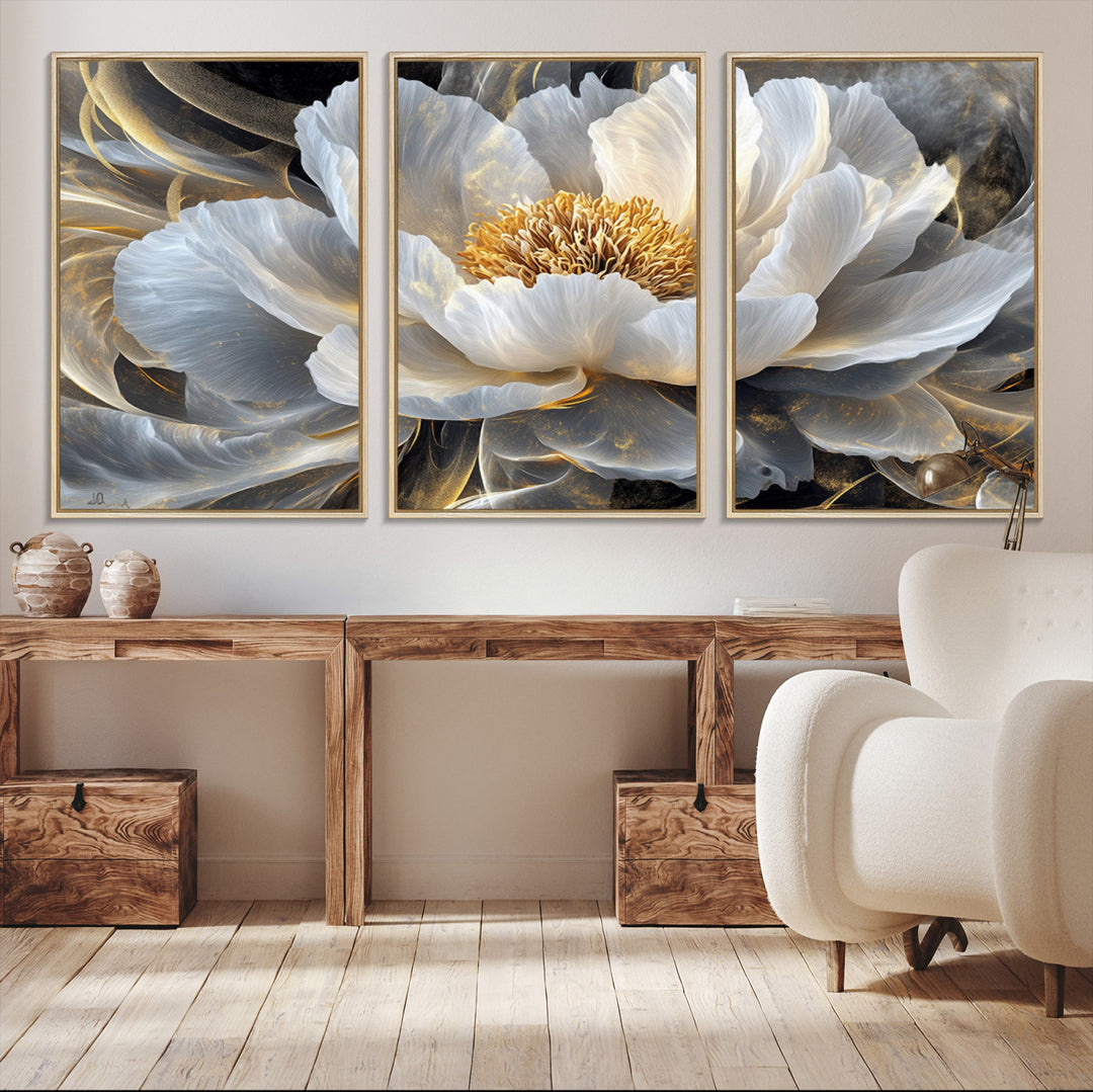 84689-MGV-CV-36X24-Gold Floral Wall Art Canvas Print, Framed Modern Flower Art Print, Golden Abstract Perfect for Vintage Decor