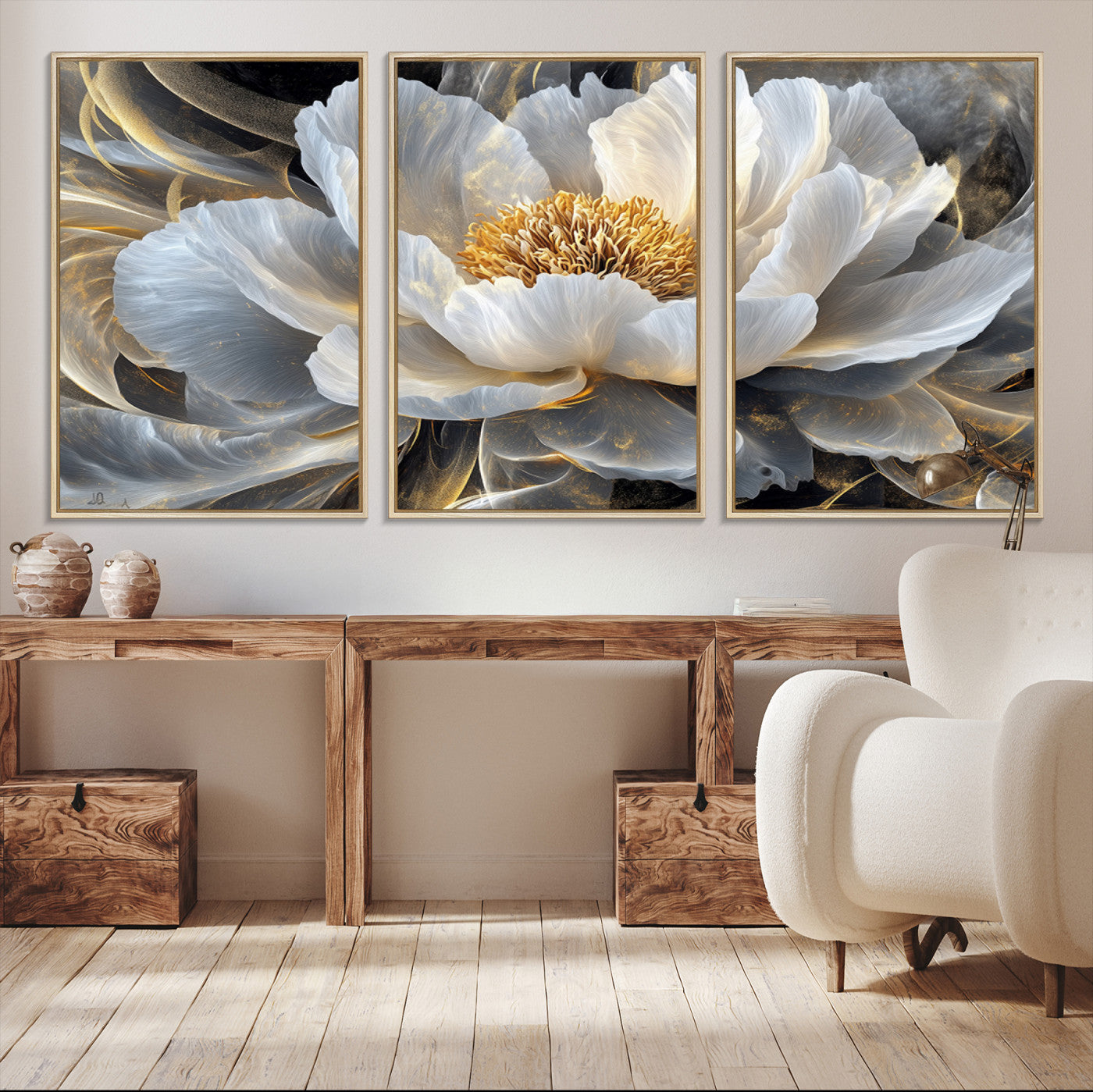 84689-MGV-CV-36X24-Gold Floral Wall Art Canvas Print, Framed Modern Flower Art Print, Golden Abstract Perfect for Vintage Decor