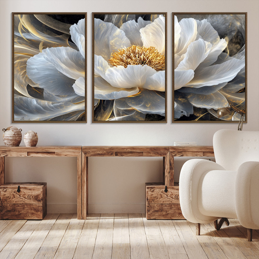 84689-MGV-CV-36X24-Gold Floral Wall Art Canvas Print, Framed Modern Flower Art Print, Golden Abstract Perfect for Vintage Decor
