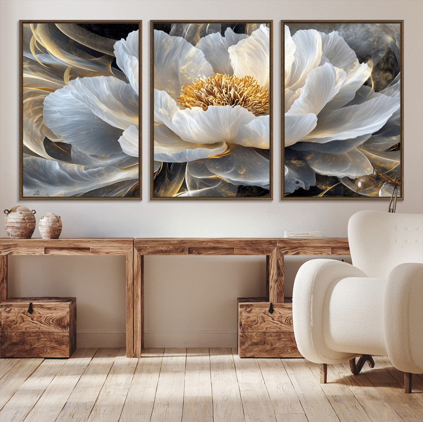 84689-MGV-CV-36X24-Gold Floral Wall Art Canvas Print, Framed Modern Flower Art Print, Golden Abstract Perfect for Vintage Decor